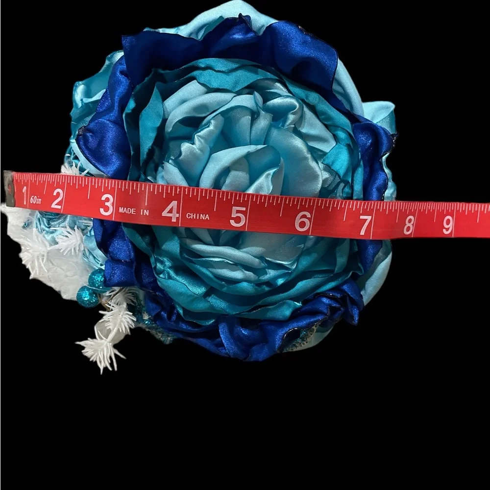 Large oversized big blue flowers headband bows lace satin ribbon hair accessory